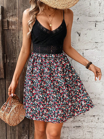 Women'S Splice Floral Lace Spaghetti Strap Dress