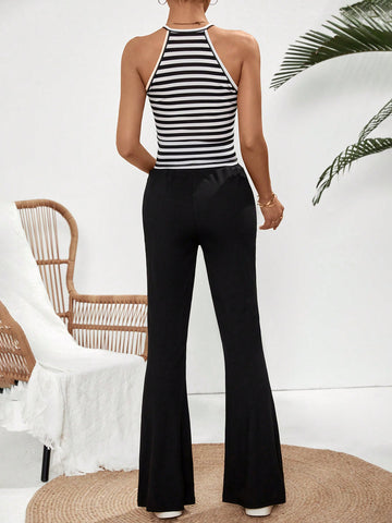 Women'S Stripe Print Vest And Solid Color Wide Leg Pants Two Piece Set