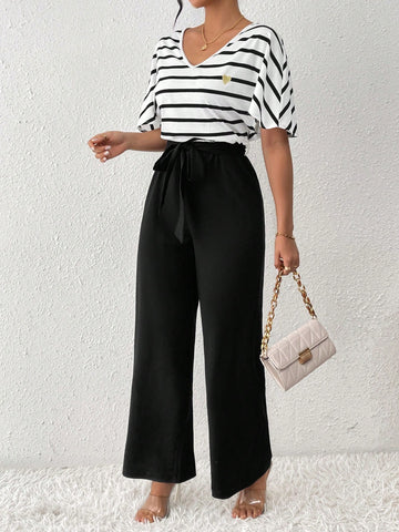 Women'S Striped Patchwork V-Neck Batwing Sleeve Jumpsuit