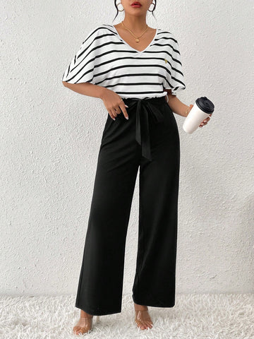 Women'S Striped Patchwork V-Neck Batwing Sleeve Jumpsuit