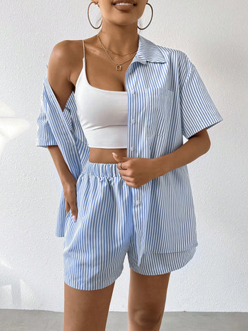Women'S Striped Short Sleeve Shirt And Shorts 2pcs/Set