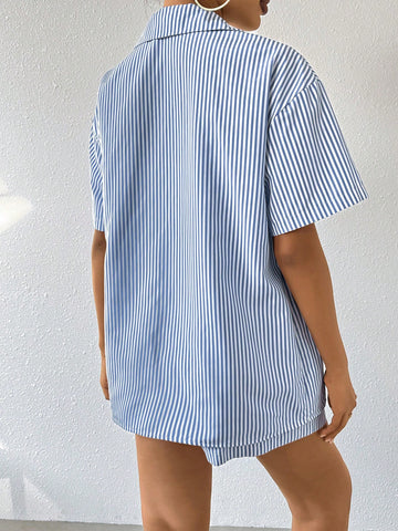 Women'S Striped Short Sleeve Shirt And Shorts 2pcs/Set