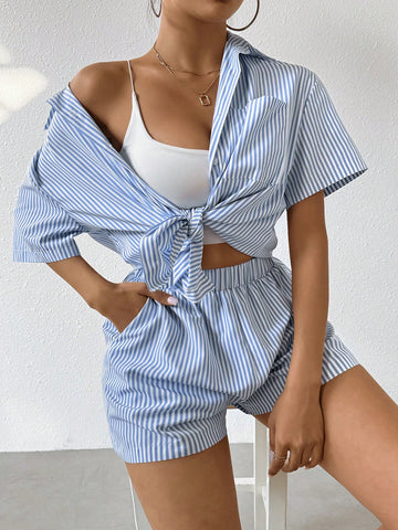 Women'S Striped Short Sleeve Shirt And Shorts 2pcs/Set