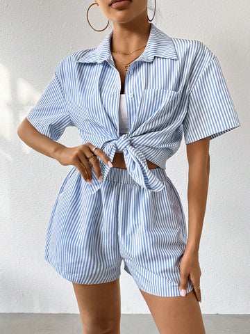 Women'S Striped Short Sleeve Shirt And Shorts 2pcs/Set