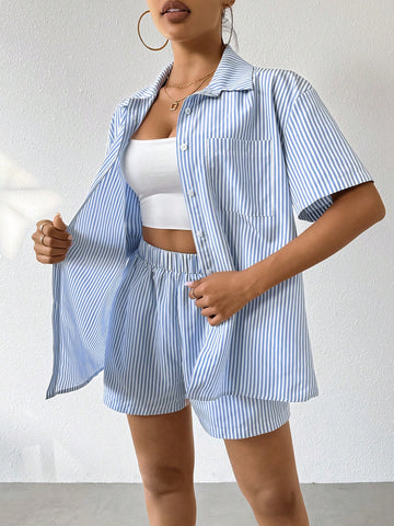 Women'S Striped Short Sleeve Shirt And Shorts 2pcs/Set