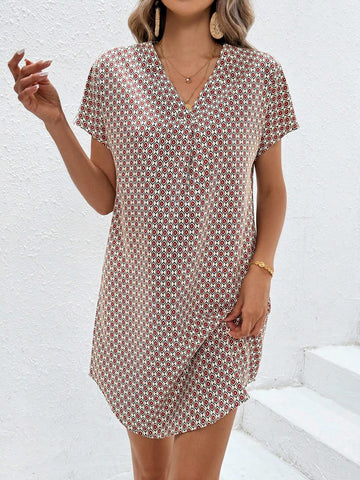 Women'S Summer Printed V-Neck Full-Length Dress