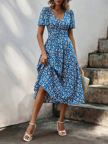 Frenchy Women'S V-Neck Floral Print Short Sleeve Ruffle Hem Dress