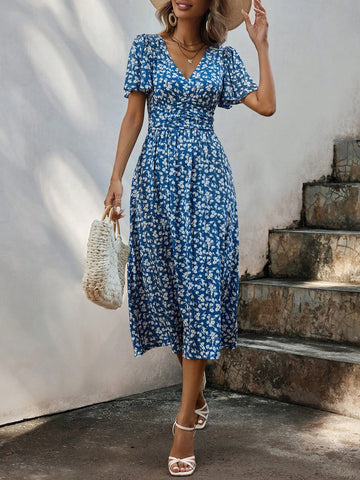 Frenchy Women'S V-Neck Floral Print Short Sleeve Ruffle Hem Dress