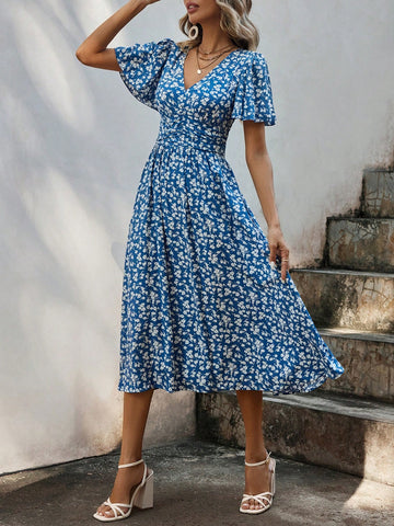 Frenchy Women'S V-Neck Floral Print Short Sleeve Ruffle Hem Dress