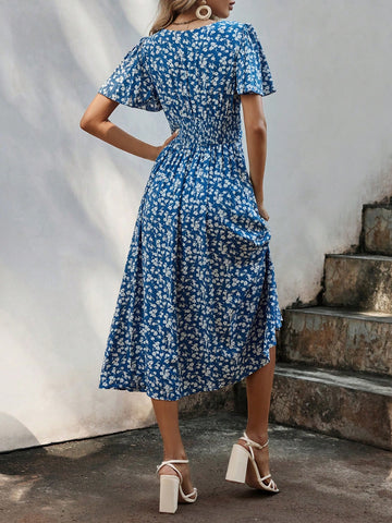 Frenchy Women'S V-Neck Floral Print Short Sleeve Ruffle Hem Dress