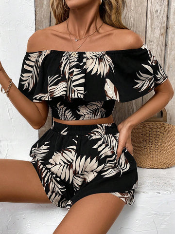 Women 2024 Holiday Ruffle Edge Cable Off Shoulder Vacation Summer Clothes Two-Piece Set