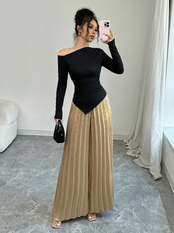 Women 2 Piece Set: Asymmetric Shoulder Gathered Blouse And Metal Pleated Wide Leg Pants, Elegant