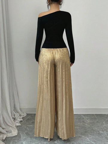 Women 2 Piece Set: Asymmetric Shoulder Gathered Blouse And Metal Pleated Wide Leg Pants, Elegant