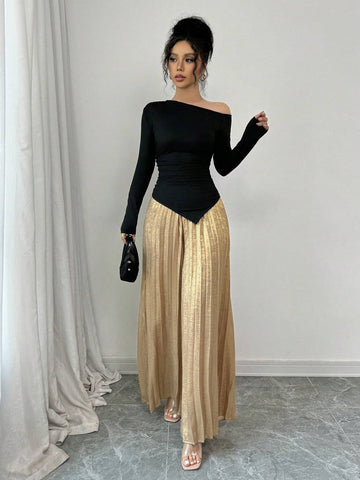 Women 2 Piece Set: Asymmetric Shoulder Gathered Blouse And Metal Pleated Wide Leg Pants, Elegant