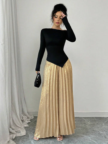 Women 2 Piece Set: Asymmetric Shoulder Gathered Blouse And Metal Pleated Wide Leg Pants, Elegant