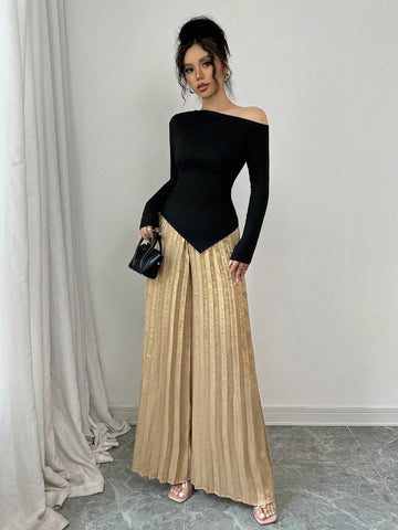 Women 2 Piece Set: Asymmetric Shoulder Gathered Blouse And Metal Pleated Wide Leg Pants, Elegant