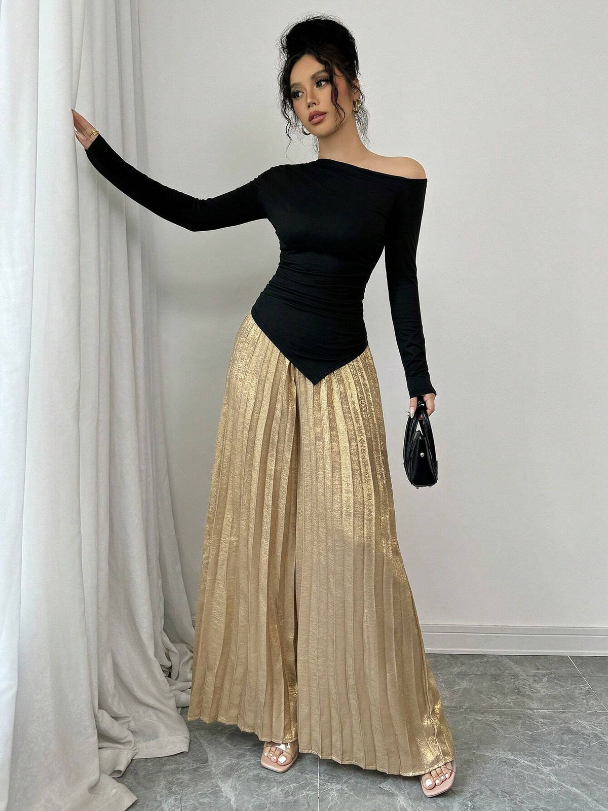 Women 2 Piece Set: Asymmetric Shoulder Gathered Blouse And Metal Pleated Wide Leg Pants, Elegant