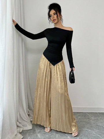 Women 2 Piece Set: Asymmetric Shoulder Gathered Blouse And Metal Pleated Wide Leg Pants, Elegant