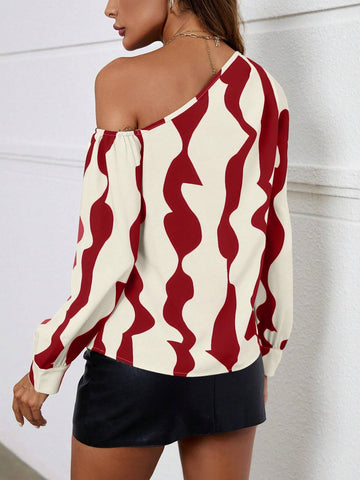 Frenchy Women All-Over Print Asymmetric Collar Long Sleeve Blouse, Autumn