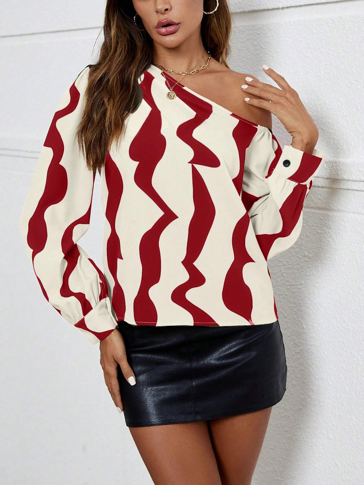 Frenchy Women All-Over Print Asymmetric Collar Long Sleeve Blouse, Autumn