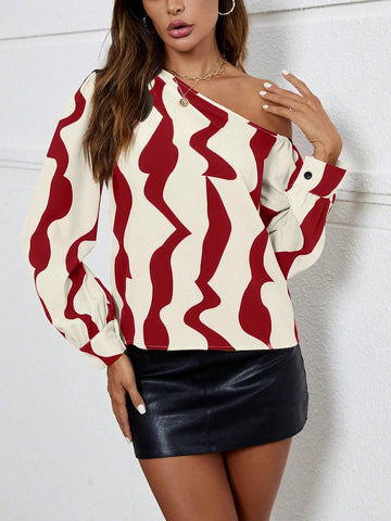 Frenchy Women All-Over Print Asymmetric Collar Long Sleeve Blouse, Autumn