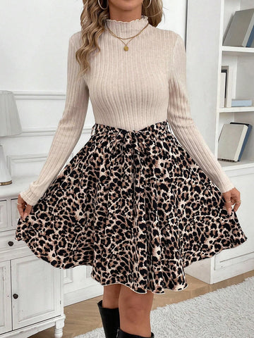 Women Autumn Leopard Print Panel Stand Collar Long Sleeve Mini Dress