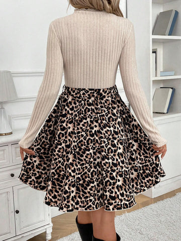 Women Autumn Leopard Print Panel Stand Collar Long Sleeve Mini Dress