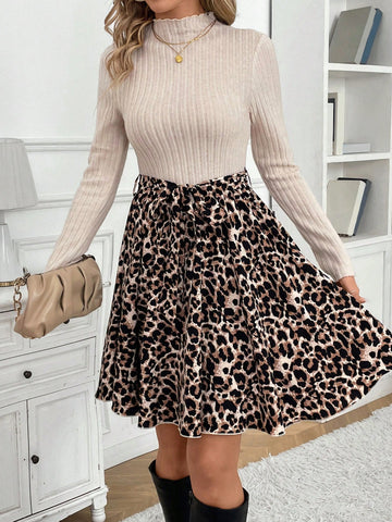 Women Autumn Leopard Print Panel Stand Collar Long Sleeve Mini Dress