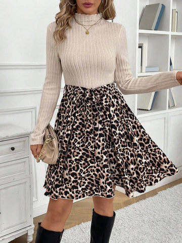 Women Autumn Leopard Print Panel Stand Collar Long Sleeve Mini Dress