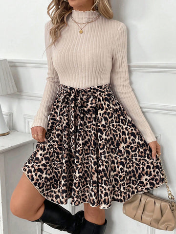 Women Autumn Leopard Print Panel Stand Collar Long Sleeve Mini Dress