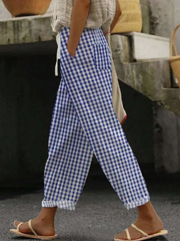 Frenchy Women Blue & White Gingham Print Drawstring Waist Pants,Plaid,Teacher,Frenchies,Wedding Women Dresses,4th Of July Clothes,Cargo Pants,Checkered Pants