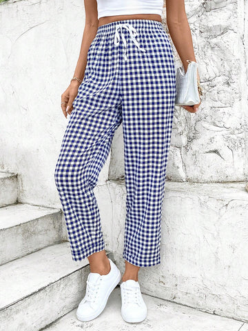 Frenchy Women Blue & White Gingham Print Drawstring Waist Pants,Plaid,Teacher,Frenchies,Wedding Women Dresses,4th Of July Clothes,Cargo Pants,Checkered Pants