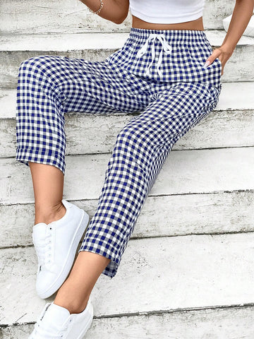 Frenchy Women Blue & White Gingham Print Drawstring Waist Pants,Plaid,Teacher,Frenchies,Wedding Women Dresses,4th Of July Clothes,Cargo Pants,Checkered Pants