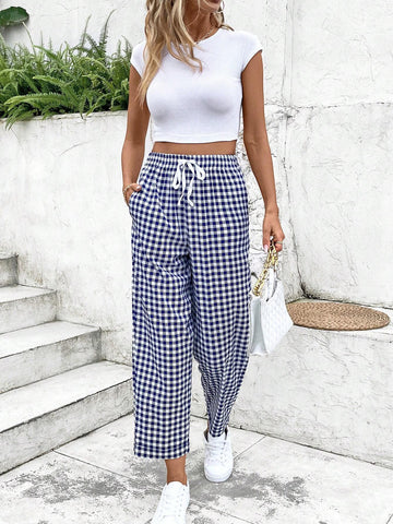 Frenchy Women Blue & White Gingham Print Drawstring Waist Pants,Plaid,Teacher,Frenchies,Wedding Women Dresses,4th Of July Clothes,Cargo Pants,Checkered Pants
