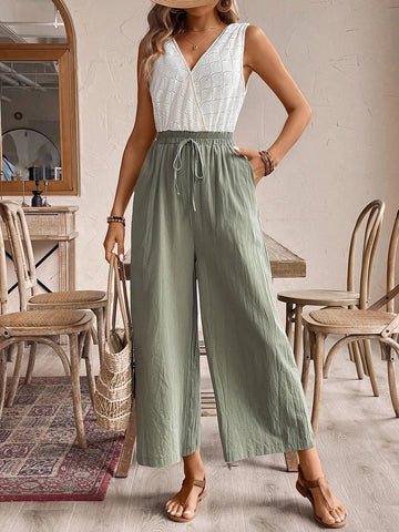 Women Bow Green And White Waist Tie Wrapover Vacation Jumpsuit