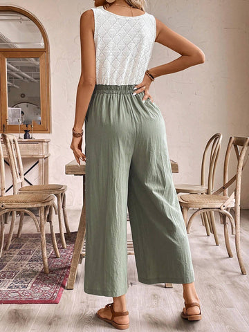 Women Bow Green And White Waist Tie Wrapover Vacation Jumpsuit