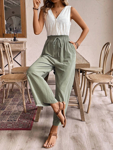 Women Bow Green And White Waist Tie Wrapover Vacation Jumpsuit