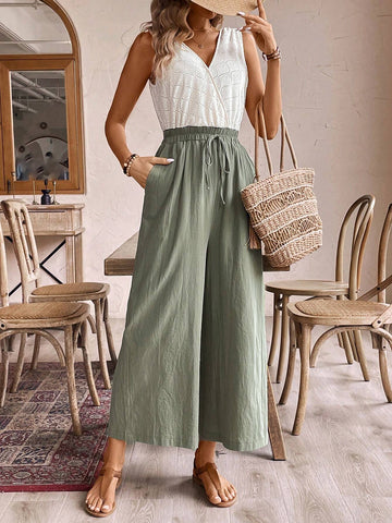 Women Bow Green And White Waist Tie Wrapover Vacation Jumpsuit