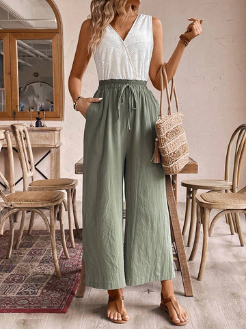 Women Bow Green And White Waist Tie Wrapover Vacation Jumpsuit