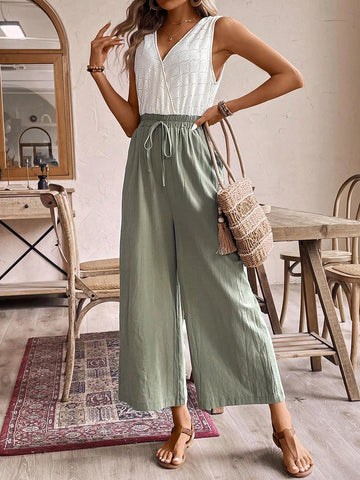 Women Bow Green And White Waist Tie Wrapover Vacation Jumpsuit