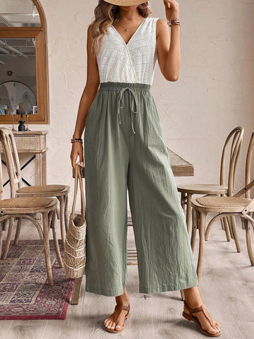 Women Bow Green And White Waist Tie Wrapover Vacation Jumpsuit