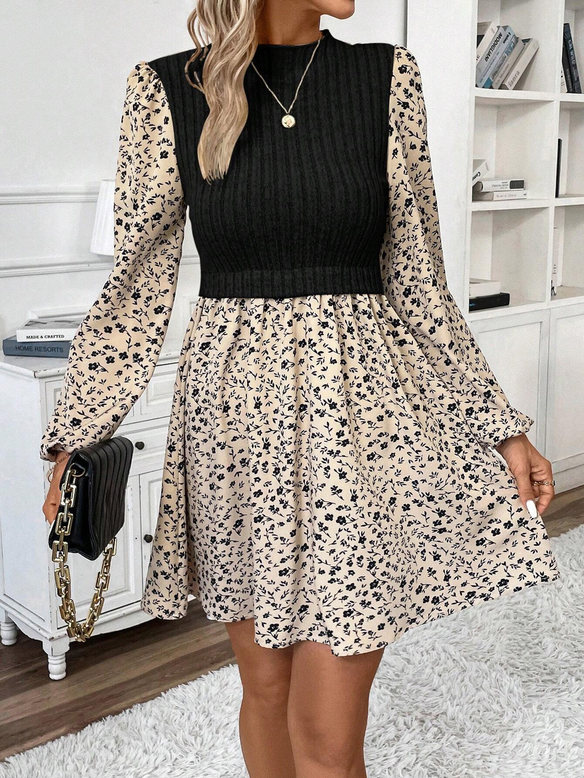 Women Casual Ditsy Floral Patchwork 2 In 1 Dress, Autumn