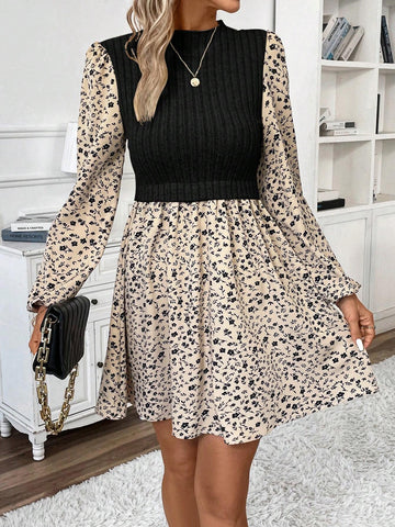 Women Casual Ditsy Floral Patchwork 2 In 1 Dress, Autumn
