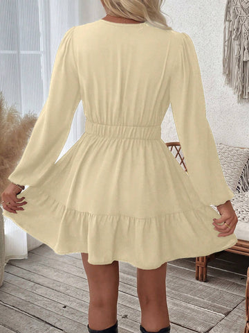 Women Casual Geometric Print Cinched Waist Dress, Autumn