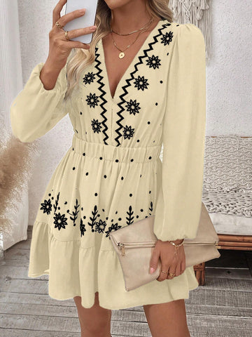 Women Casual Geometric Print Cinched Waist Dress, Autumn