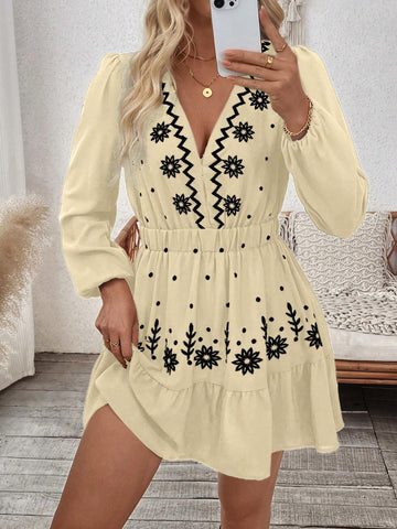 Women Casual Geometric Print Cinched Waist Dress, Autumn