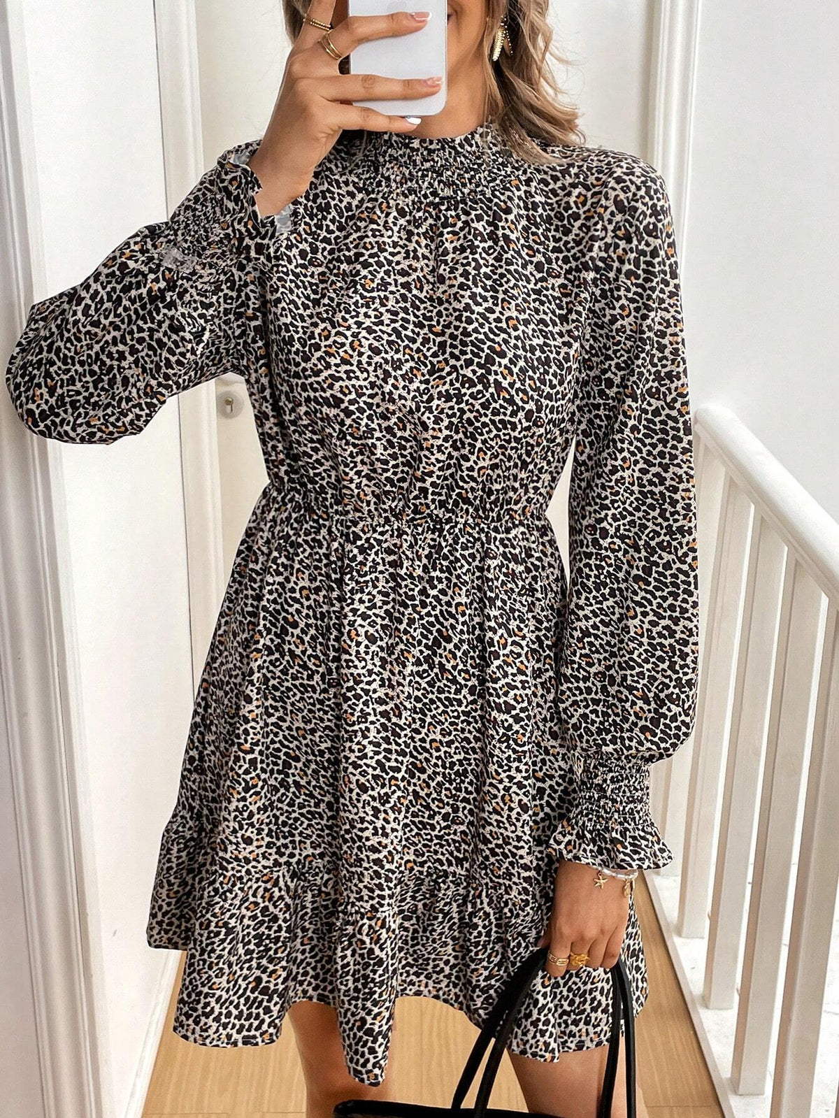 Women Casual Leopard Print Lantern Sleeve Waisted Short Dress, Autumn