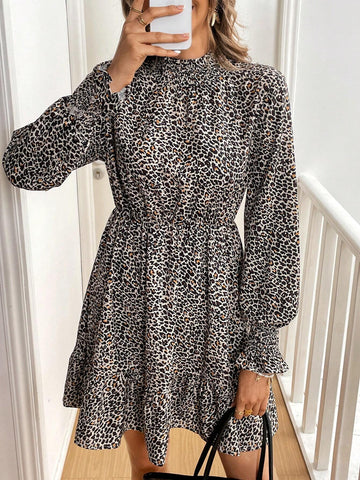 Women Casual Leopard Print Lantern Sleeve Waisted Short Dress, Autumn