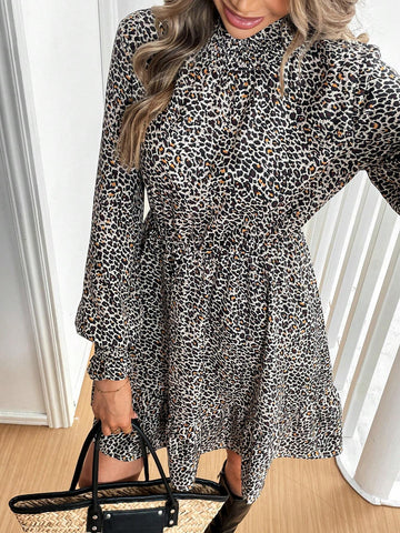Women Casual Leopard Print Lantern Sleeve Waisted Short Dress, Autumn