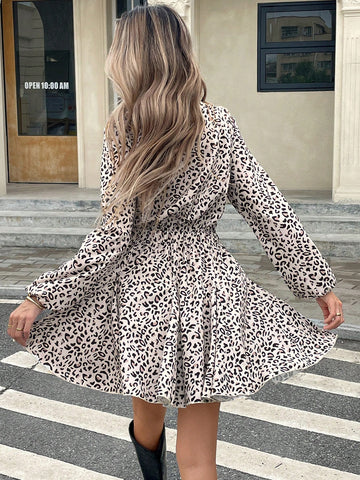 Women Casual Leopard Print Short Dress For Autumn